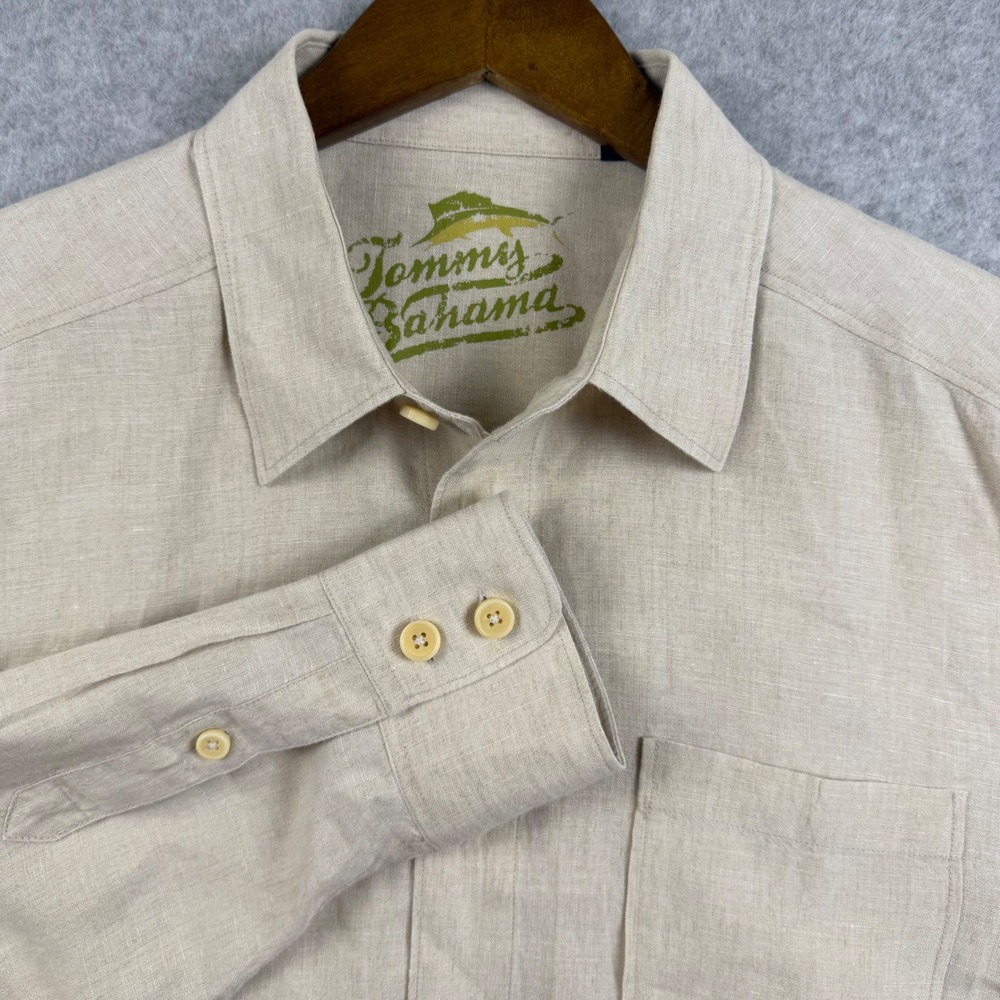Tommy Bahama Button Down Shirt Mens Large Beige 100% Linen Relax Long Sleeve